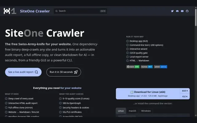 SiteOne Crawler home page on a dark background, showing the project name, buttons for a live audit report and a 30 second install, and a download button for the Linux desktop app at version 1.0.8