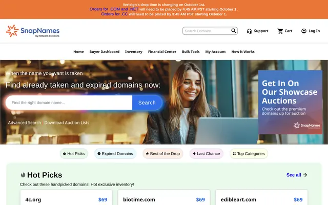 Accueil de SnapNames avec ses domaines expirés et leurs mises minimales