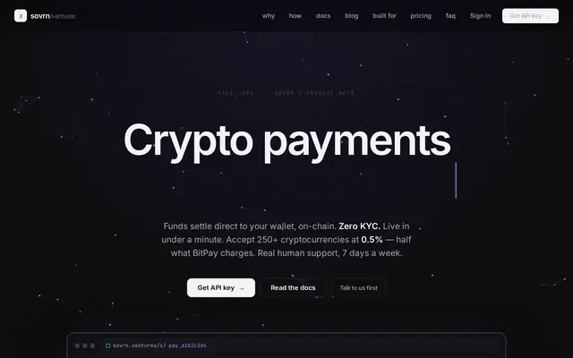 Sovrn homepage, a crypto payment gateway, with a sample checkout