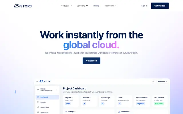 Storj home page introducing its distributed object storage