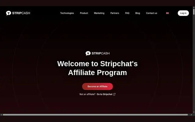 StripCash home page, the Stripchat affiliate program, with the button to become an affiliate