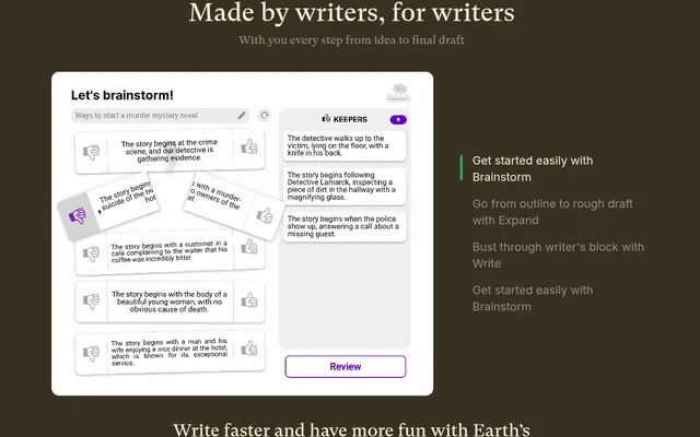 Accueil de Sudowrite avec le titre « Made by writers, for writers », le panneau « Let’s brainstorm! » où des débuts de roman policier se gardent ou se rejettent dans la colonne Keepers, et à droite les outils Brainstorm, Expand et Write