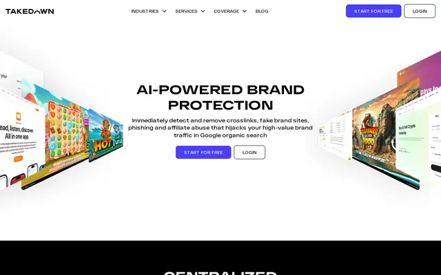 takedown.co home page with the headline “AI-powered brand protection”, sign-up and login buttons, and screenshots of gaming and casino sites on each side