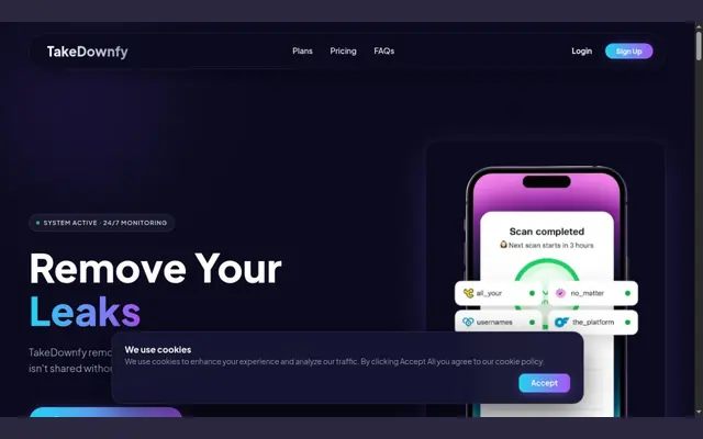 Accueil de TakeDownfy sur fond violet foncé, avec le titre « Remove Your Leaks », un téléphone affichant un scan terminé et un bandeau cookies en bas de page