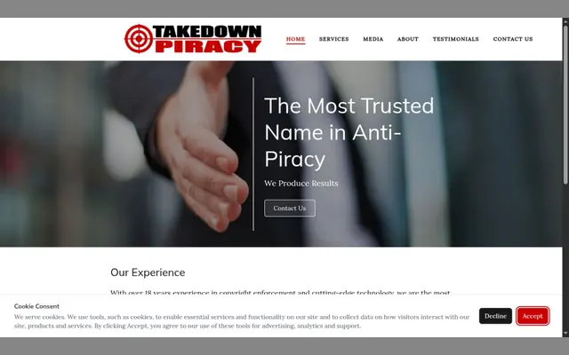 Takedown Piracy home page with the slogan The Most Trusted Name in Anti-Piracy, an outstretched hand and a menu with services, media, testimonials and contact
