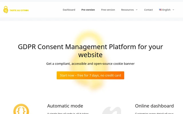 Page d’accueil de tarteaucitron.io, avec le titre GDPR Consent Management Platform for your website, le citron jaune du logo et le bouton orange d’essai gratuit de sept jours