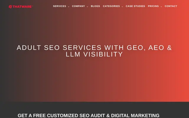 ThatWare adult SEO page on a red gradient with the headline Adult SEO Services with GEO, AEO and LLM Visibility and a free SEO audit offer