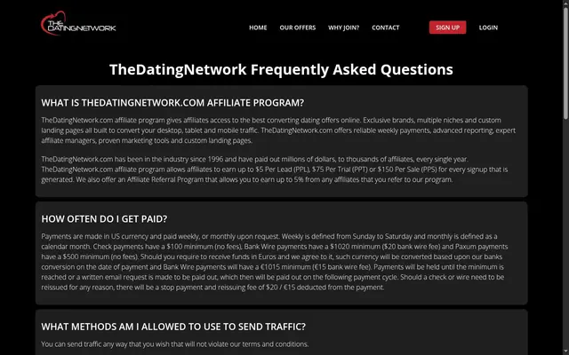 The Dating Network FAQ page listing pay per lead, pay per trial and pay per sale rates and the payment schedule