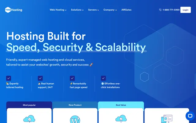 Portada de TMDHosting con sus cuatro gamas de alojamiento gestionado