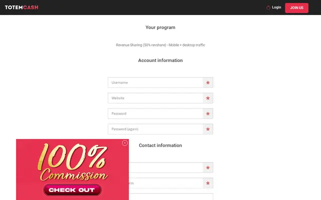 TotemCash signup form offering only the 50% revenue share program for mobile and desktop traffic, with the 100% commission promo window
