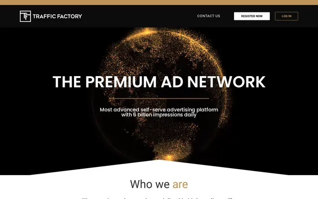 Accueil de Traffic Factory, bandeau « The premium ad network » sur fond de globe doré