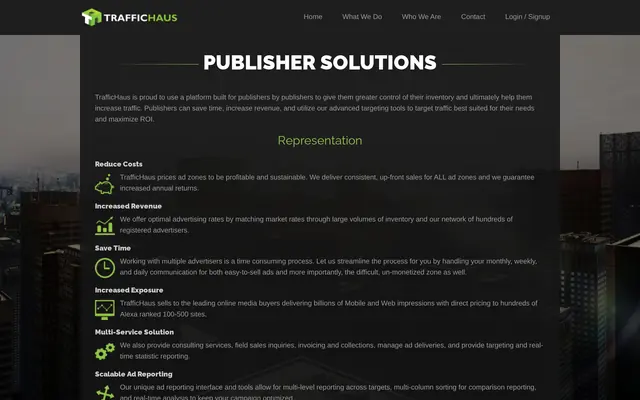 Page des solutions pour éditeurs de TrafficHaus