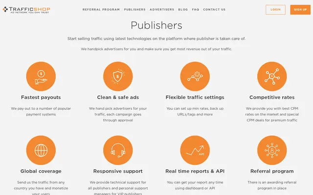 TrafficShop publisher page with eight illustrated selling points, from fast payouts and hand-picked advertisers to real-time reports, an API and a referral program