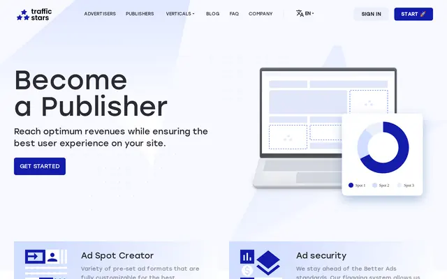 TrafficStars publisher page with the Become a Publisher heading and the Ad Spot Creator and Ad security blocks