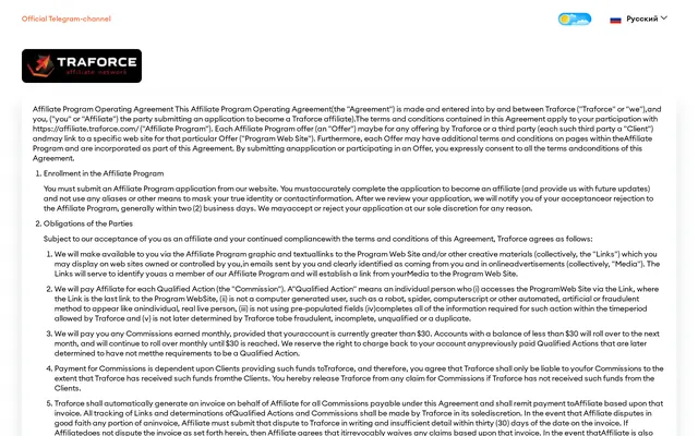 Traforce affiliate terms with the monthly payout clause above $30