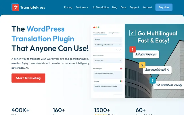 Site de TranslatePress présentant son extension de traduction pour WordPress