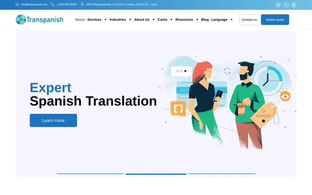 The Transpanish website presenting its English and Spanish translation services