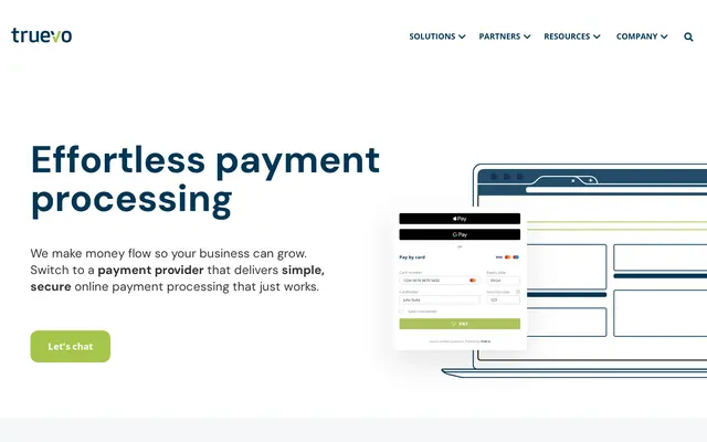 Truevo Payments home page promising frictionless online payment processing