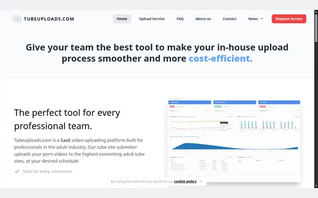 Accueil de TubeUploads avec le slogan « Give your team the best tool to make your in-house upload process smoother and more cost-efficient » et un tableau de bord de statistiques d’envoi