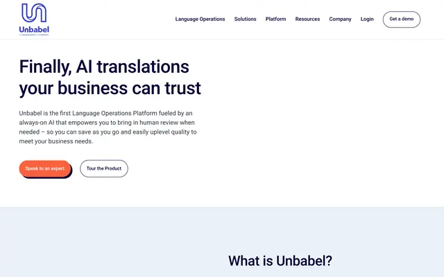 The Unbabel website presenting its translation platform combining artificial intelligence and human review