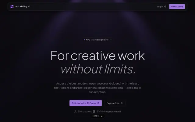 Unstability AI home page and its single subscription
