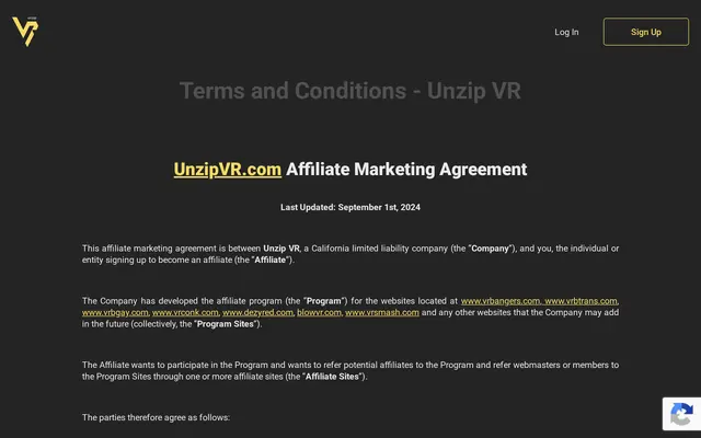 Contrat d’affiliation d’UnzipVR daté du 1 septembre 2024 et liste des sept sites