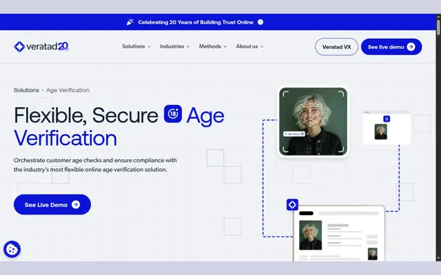 Page de Veratad consacrée à la vérification d’âge, titrée « Flexible, Secure Age Verification », avec un visage en cours d’analyse et un bouton pour voir une démonstration