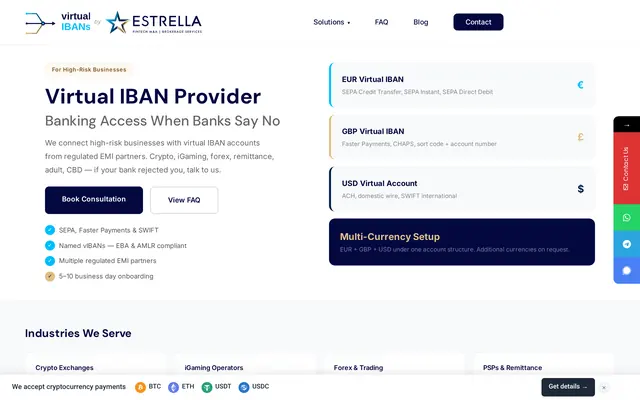 virtual-ibans home page, a virtual IBAN broker for high-risk businesses