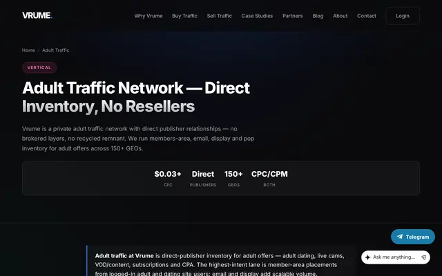Vrume adult traffic page, dark background, title Adult Traffic Network, text on direct inventory and four figures: $0.03 per click, direct publishers, 150+ GEOs, CPC and CPM
