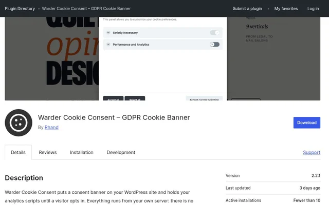 Ficha de Warder Cookie Consent en el directorio de plugins de WordPress, con la ventana de preferencias y sus categorías Strictly Necessary y Performance and Analytics, el botón Download y la versión 2.2.1