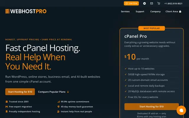 Página de inicio de Web Host Pro con sus planes cPanel, VPS y servidores dedicados