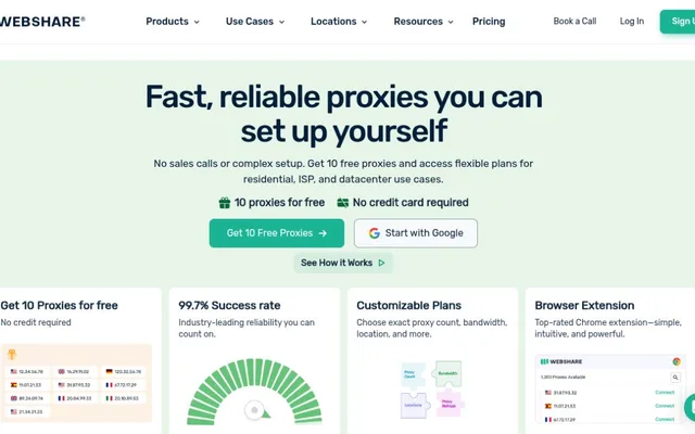 Webshare homepage with the headline Fast, reliable proxies you can set up yourself, Get 10 Free Proxies and Start with Google buttons, and cards on the free plan and a 99.7% success rate
