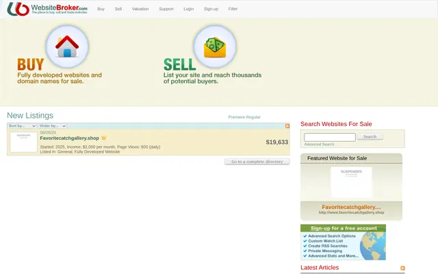 Portada de WebsiteBroker con los bloques Buy y Sell, un único anuncio nuevo de web a 19 633 $ y el buscador de webs en venta