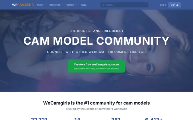 WeCamgirls home page with the headline Cam model community, a green button to create a free account for performers and the first member counters