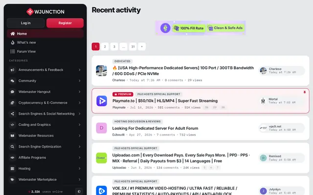 Preview of WJunction: the forum's recent activity page, with the category menu on the left and a list of hosting and file-host threads