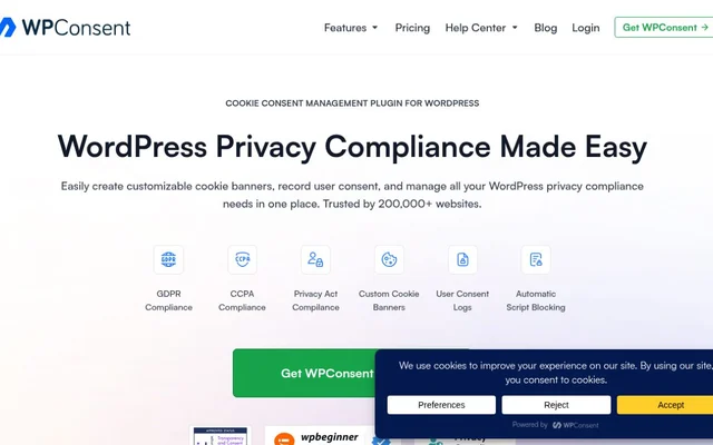 Page d’accueil de WPConsent, avec le titre « WordPress Privacy Compliance Made Easy » et, en bas à droite, la bannière de l’extension avec ses boutons Preferences, Reject et Accept
