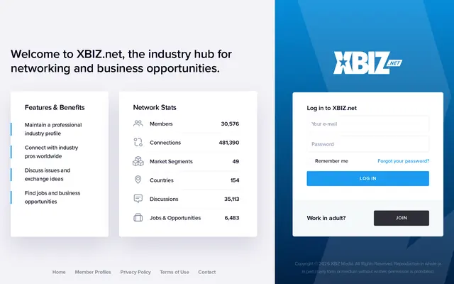 XBIZ.net home page showing the network’s features on the left, the Network Stats panel in the middle and the login form on a blue background on the right