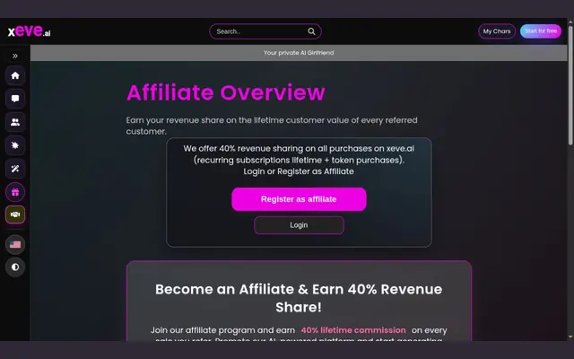 Xeve.ai affiliate overview page announcing a 40% revenue share, with register and login buttons