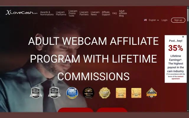 XloveCash home page presenting an adult webcam affiliate program with lifetime commissions and a 35% badge